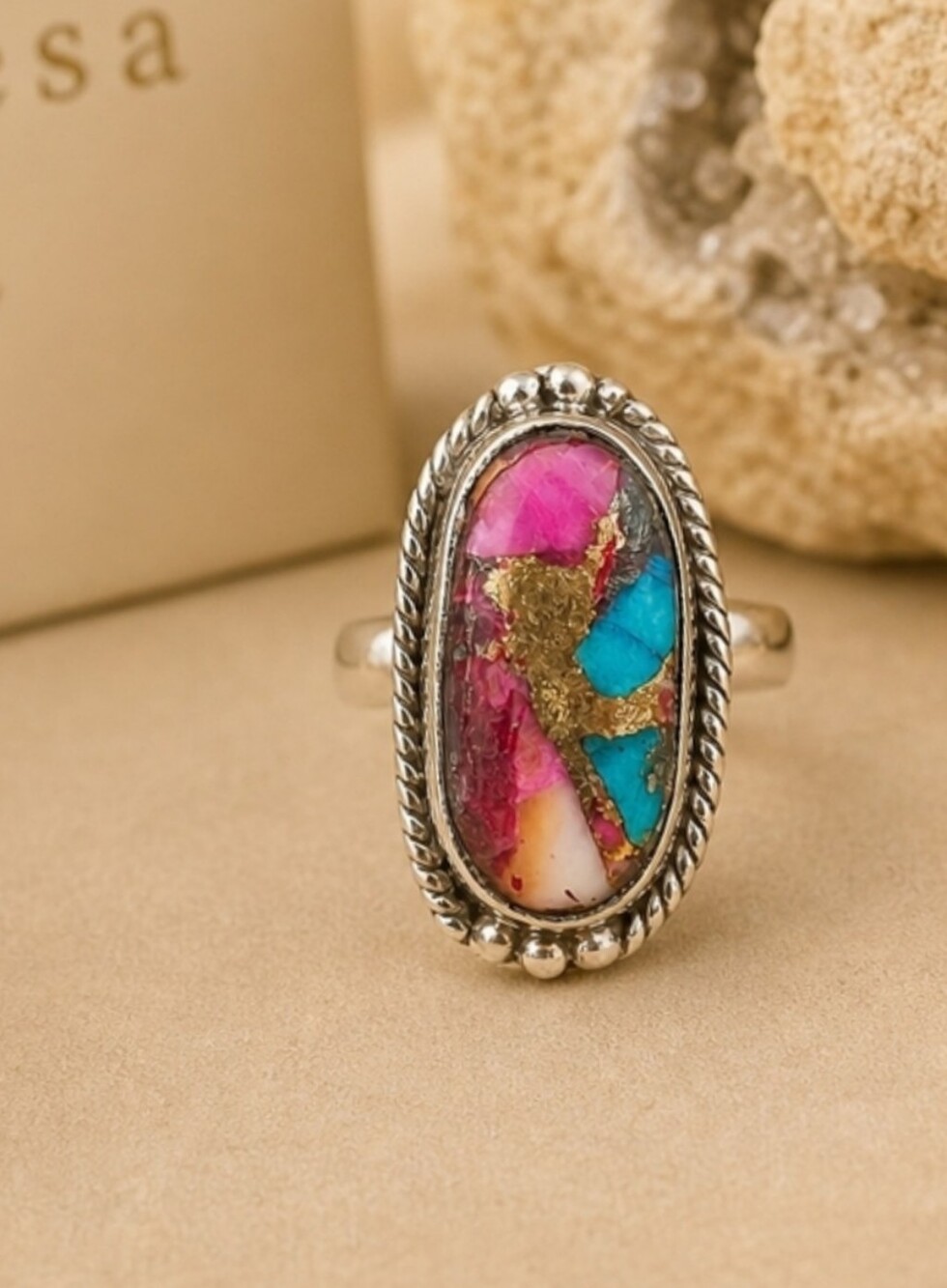 Pink Oyster Gold Turquoise Ring Size 6.5